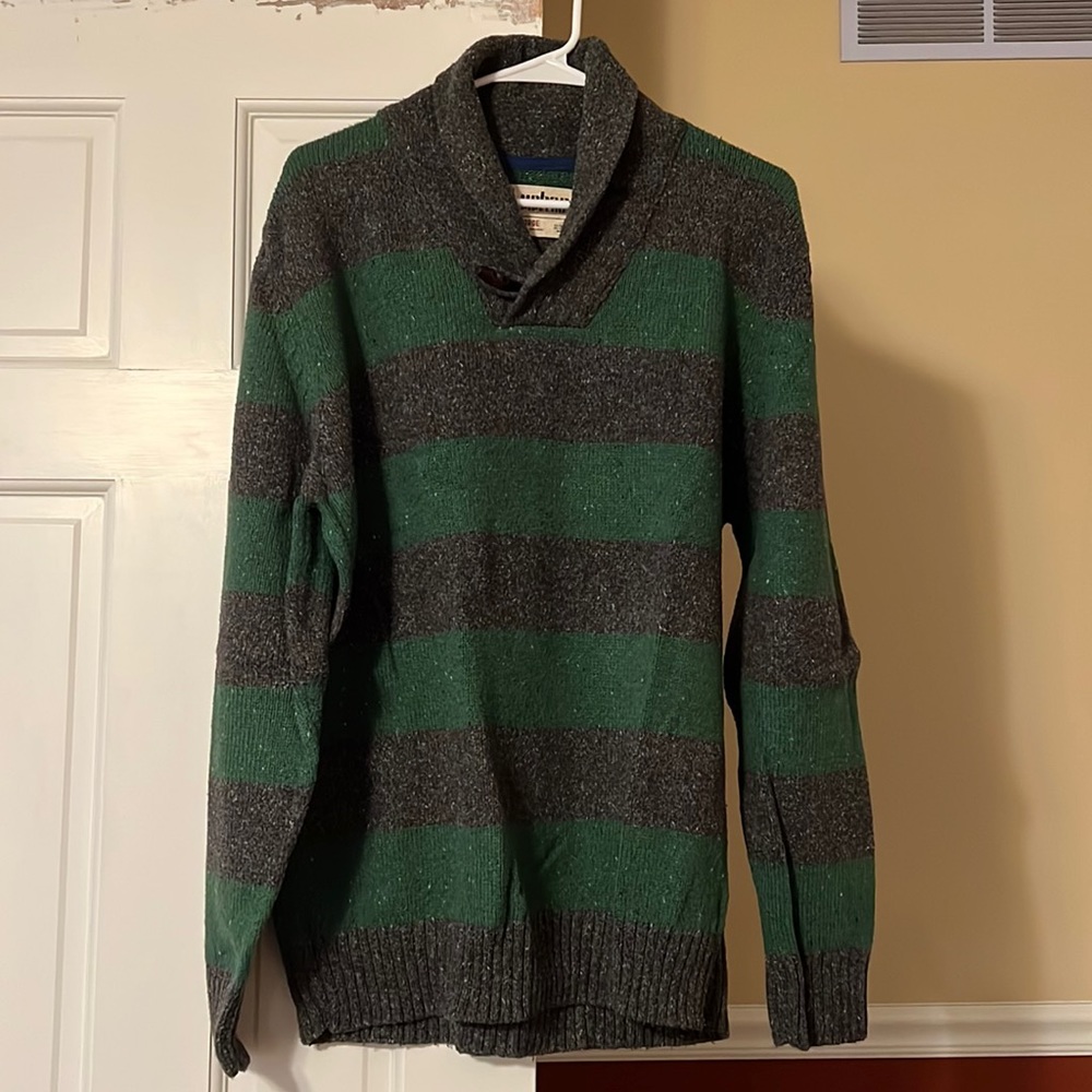 Green and Black Striped Shawl Neck Sweater